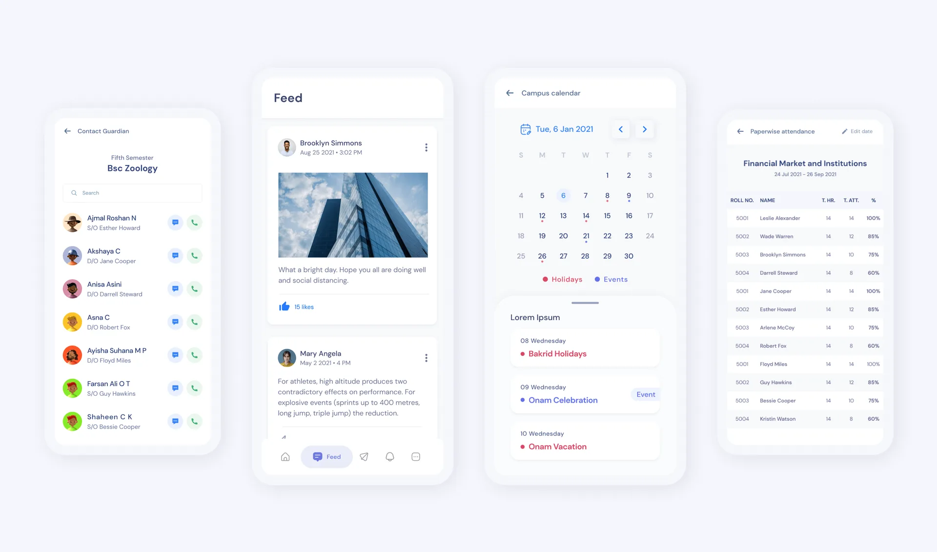 Contacts, news feed and campus calendar screens