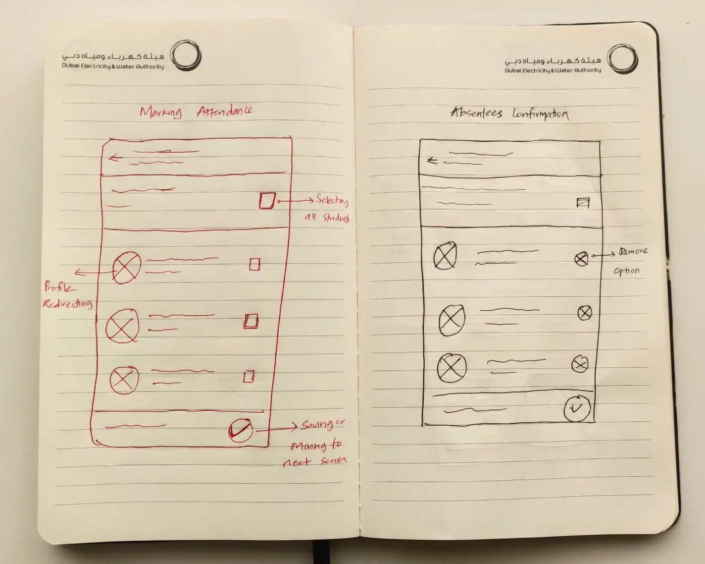 More sketches of the homepage and attendance screens