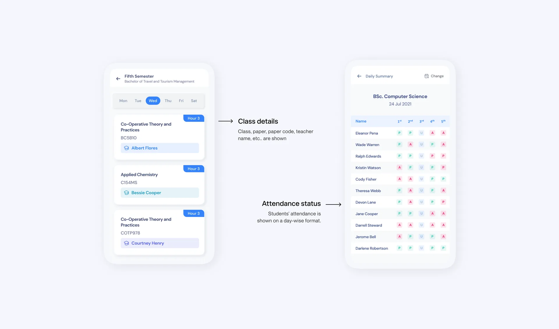 Timetable and daily summary screen
