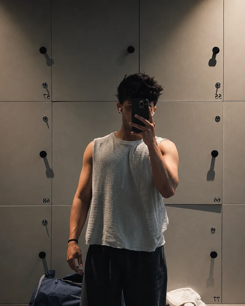 Ansith taking a mirror selfie in front of grey lockers