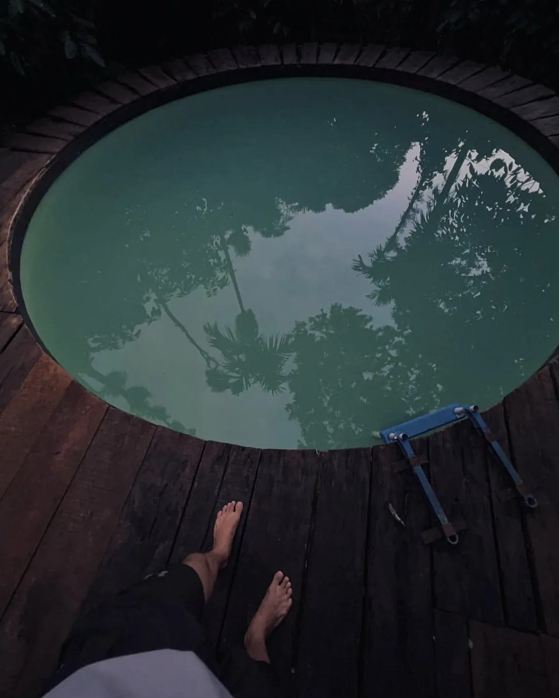 Bare feet on a wooden deck beside a round pool reflecting palm trees